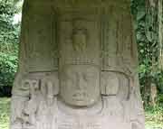 Detailansicht von Stele K. Der gedrungene und mit kindlichen Gesichtszügen dargestellte 16. Fürst von Quirigua hat diese Stele im Jahr 805 AD aufgestellt.